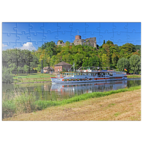 Darstellung des Puzzle Motivs Ausflugsschiff auf der Weser mit Blick zur Burgruine, Polle, Niedersachsen - Puzzleteile: 100