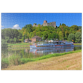 Darstellung des Puzzle-Motivs Ausflugsschiff auf der Weser mit Blick zur Burgruine, Polle, Niedersachsen – Puzzleteile: 500
