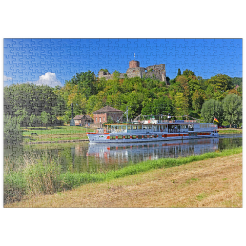 puzzleplate Ausflugsschiff auf der Weser mit Blick zur Burgruine, Polle, Niedersachsen, Deutschland 500 Puzzle