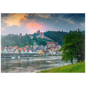 Darstellung des Puzzle-Motivs Historischer Ortskern mit Burg Hirschhorn am Abend – Puzzleteile: 1000