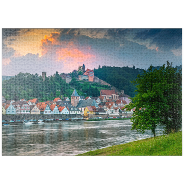 puzzleplate Historischer Ortskern mit Burg Hirschhorn am Abend 1000 Puzzle