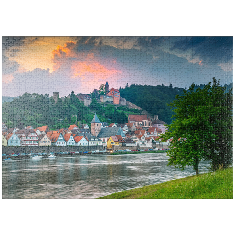 puzzleplate Historischer Ortskern mit Burg Hirschhorn am Abend 1000 Puzzle
