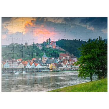 puzzleplate Historischer Ortskern mit Burg Hirschhorn am Abend 100 Puzzle
