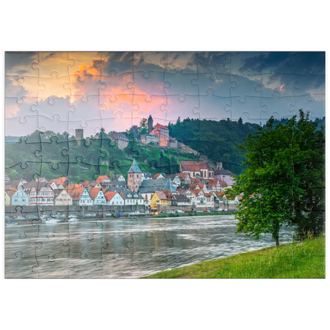 puzzleplate Historischer Ortskern mit Burg Hirschhorn am Abend 100 Puzzle