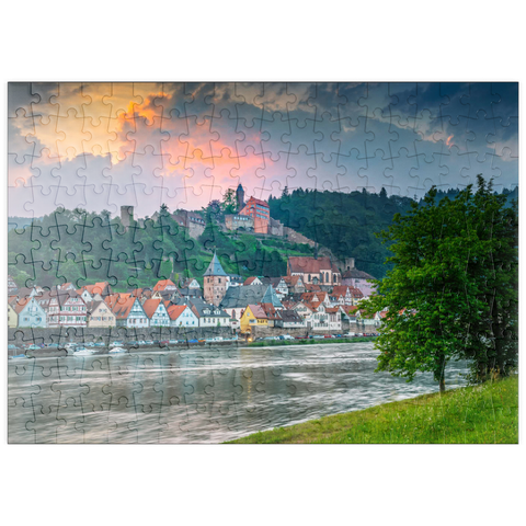 puzzleplate Historischer Ortskern mit Burg Hirschhorn am Abend 200 Puzzle