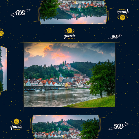 Historischer Ortskern mit Burg Hirschhorn am Abend 500 Puzzle Schachtel 3D Modell
