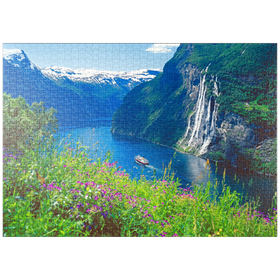 Darstellung des Puzzle-Motivs Geiranger Fjord und Sieben Schwestern Wasserfall, Mittelnorwegen, Norwegen – Puzzleteile: 1000
