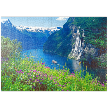puzzleplate Geiranger Fjord und Sieben Schwestern Wasserfall, Mittelnorwegen, Norwegen 1000 Puzzle