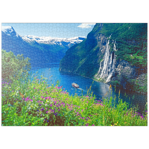 puzzleplate Geiranger Fjord und Sieben Schwestern Wasserfall, Mittelnorwegen, Norwegen 1000 Puzzle