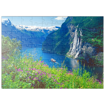 puzzleplate Geiranger Fjord und Sieben Schwestern Wasserfall, Mittelnorwegen, Norwegen 100 Puzzle