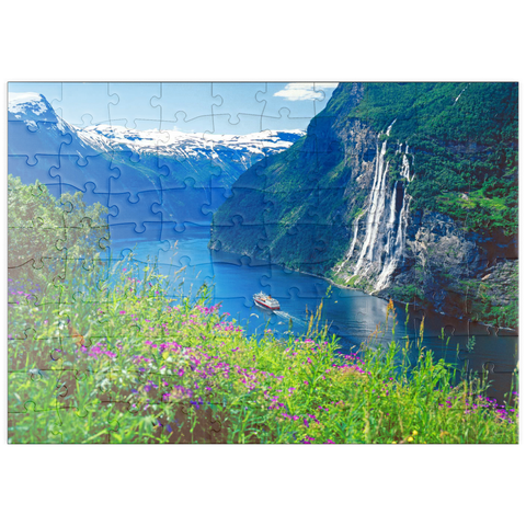 puzzleplate Geiranger Fjord und Sieben Schwestern Wasserfall, Mittelnorwegen, Norwegen 100 Puzzle