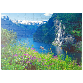 Darstellung des Puzzle Motivs Geiranger Fjord und Sieben Schwestern Wasserfall, Mittelnorwegen, Norwegen - Puzzleteile: 100