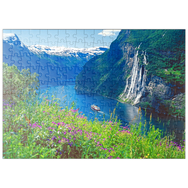 puzzleplate Geiranger Fjord und Sieben Schwestern Wasserfall, Mittelnorwegen, Norwegen 200 Puzzle