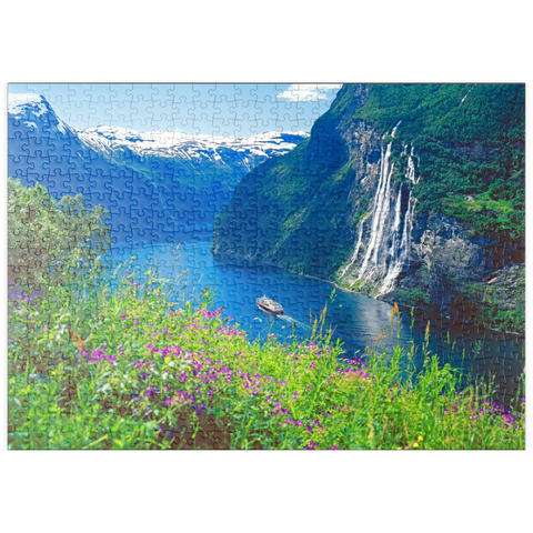 puzzleplate Geiranger Fjord und Sieben Schwestern Wasserfall, Mittelnorwegen, Norwegen 500 Puzzle