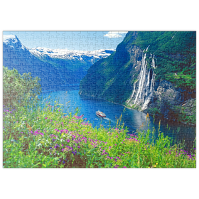 Darstellung des Puzzle Motivs Geiranger Fjord und Sieben Schwestern Wasserfall, Mittelnorwegen, Norwegen - Puzzleteile: 500