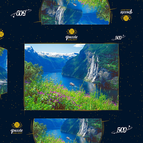 Geiranger Fjord und Sieben Schwestern Wasserfall, Mittelnorwegen, Norwegen 500 Puzzle Schachtel 3D Modell