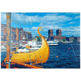 Darstellung des Puzzle-Motivs Hafen an der Aker Brygge mit Rathaus, Oslo, Norwegen – Puzzleteile: 1000
