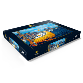 Darstellung des Puzzle Motivs Hafen an der Aker Brygge mit Rathaus, Oslo, Norwegen - Puzzleteile: 100
