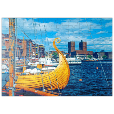 puzzleplate Hafen an der Aker Brygge mit Rathaus, Oslo, Norwegen 100 Puzzle
