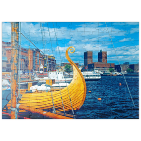 Darstellung des Puzzle Motivs Hafen an der Aker Brygge mit Rathaus, Oslo, Norwegen - Puzzleteile: 100
