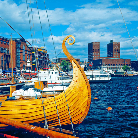 Hafen an der Aker Brygge mit Rathaus, Oslo, Norwegen 100 Puzzle 3D Modell