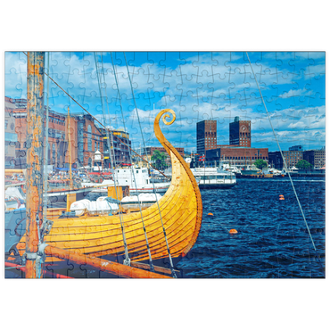puzzleplate Hafen an der Aker Brygge mit Rathaus, Oslo, Norwegen 200 Puzzle