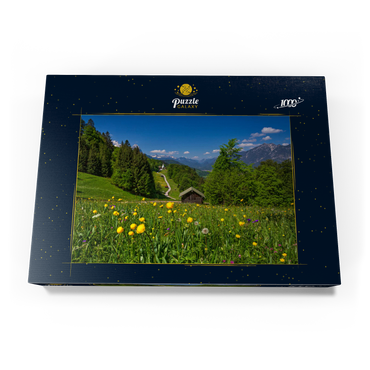 Weg nach Wamberg gegen Zugspitze (2962m), Daniel (2340m) in Tirol, und Kramer (1985m) 1000 Puzzle Schachtel Ansicht3