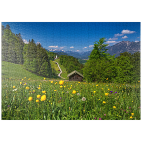 Darstellung des Puzzle-Motivs Weg nach Wamberg gegen Zugspitze (2962m), Daniel (2340m) in Tirol, und Kramer (1985m) – Puzzleteile: 1000