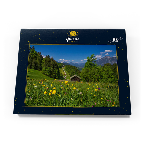 Weg nach Wamberg gegen Zugspitze (2962m), Daniel (2340m) in Tirol, und Kramer (1985m) 100 Puzzle Schachtel Ansicht3