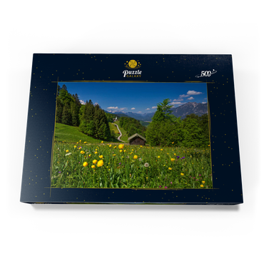 Weg nach Wamberg gegen Zugspitze (2962m), Daniel (2340m) in Tirol, und Kramer (1985m) 500 Puzzle Schachtel Ansicht3