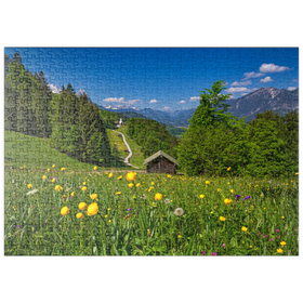 Darstellung des Puzzle Motivs Weg nach Wamberg gegen Zugspitze (2962m), Daniel (2340m) in Tirol, und Kramer (1985m) - Puzzleteile: 500