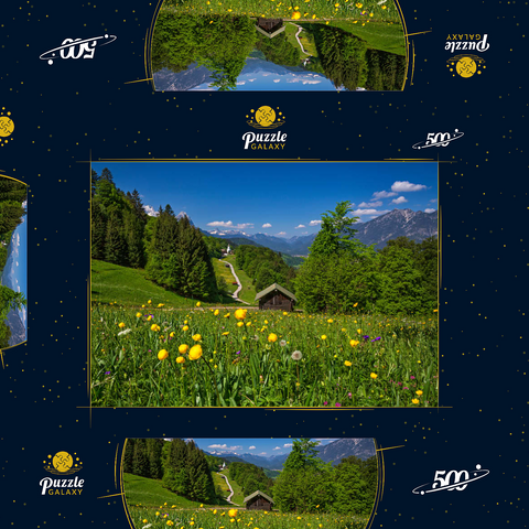 Weg nach Wamberg gegen Zugspitze (2962m), Daniel (2340m) in Tirol, und Kramer (1985m) 500 Puzzle Schachtel 3D Modell