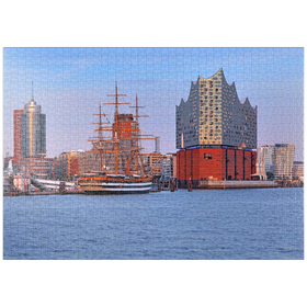 Darstellung des Puzzle-Motivs Segelschiff Amerigo Vespucci an der Überseebrücke im Hafen mit Elbphilharmonie – Puzzleteile: 1000