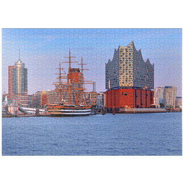 puzzleplate Segelschiff Amerigo Vespucci an der Überseebrücke im Hafen mit Elbphilharmonie in der HafenCity, Hamburg 1000 Puzzle