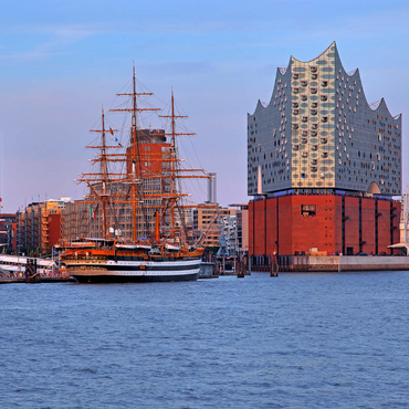 Segelschiff Amerigo Vespucci an der Überseebrücke im Hafen mit Elbphilharmonie in der HafenCity, Hamburg 1000 Puzzle 3D Modell