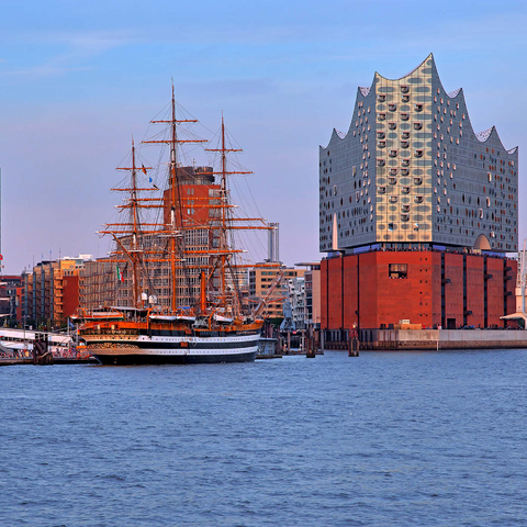 Segelschiff Amerigo Vespucci an der Überseebrücke im Hafen mit Elbphilharmonie in der HafenCity, Hamburg 1000 Puzzle 3D Modell