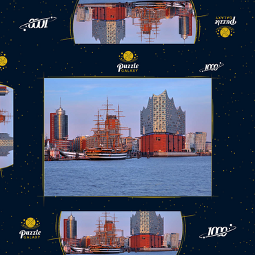 Segelschiff Amerigo Vespucci an der Überseebrücke im Hafen mit Elbphilharmonie in der HafenCity, Hamburg 1000 Puzzle Schachtel 3D Modell