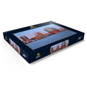 Darstellung des Puzzle Motivs Segelschiff Amerigo Vespucci an der Überseebrücke im Hafen mit Elbphilharmonie - Puzzleteile: 100