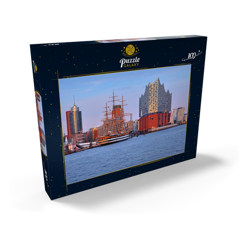 Segelschiff Amerigo Vespucci an der Überseebrücke im Hafen mit Elbphilharmonie in der HafenCity, Hamburg 100 Puzzle Schachtel Ansicht2