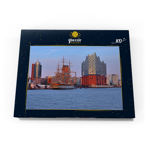 Segelschiff Amerigo Vespucci an der Überseebrücke im Hafen mit Elbphilharmonie in der HafenCity, Hamburg 100 Puzzle Schachtel Ansicht3