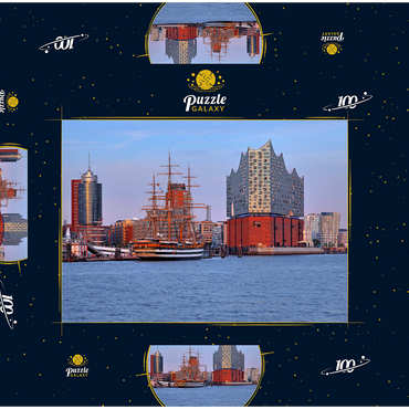 Segelschiff Amerigo Vespucci an der Überseebrücke im Hafen mit Elbphilharmonie in der HafenCity, Hamburg 100 Puzzle Schachtel 3D Modell