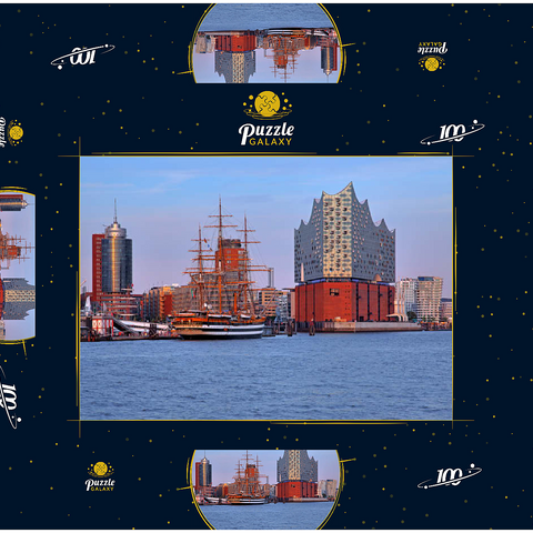 Segelschiff Amerigo Vespucci an der Überseebrücke im Hafen mit Elbphilharmonie in der HafenCity, Hamburg 100 Puzzle Schachtel 3D Modell