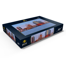 Darstellung des Puzzle Motivs Segelschiff Amerigo Vespucci an der Überseebrücke im Hafen mit Elbphilharmonie - Puzzleteile: 500