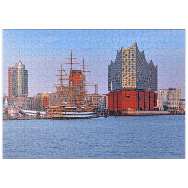 puzzleplate Segelschiff Amerigo Vespucci an der Überseebrücke im Hafen mit Elbphilharmonie in der HafenCity, Hamburg 500 Puzzle