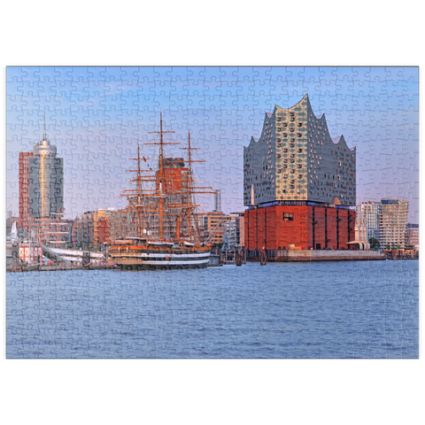 puzzleplate Segelschiff Amerigo Vespucci an der Überseebrücke im Hafen mit Elbphilharmonie in der HafenCity, Hamburg 500 Puzzle