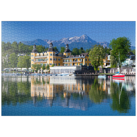 puzzleplate Schlosshotel am See gegen Mittagskogel (2143m), Velden, Wörther See, Kärnten, Österreich 1000 Puzzle