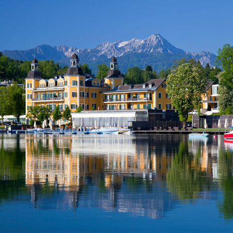 Schlosshotel am See gegen Mittagskogel (2143m), Velden, Wörther See, Kärnten, Österreich 1000 Puzzle 3D Modell