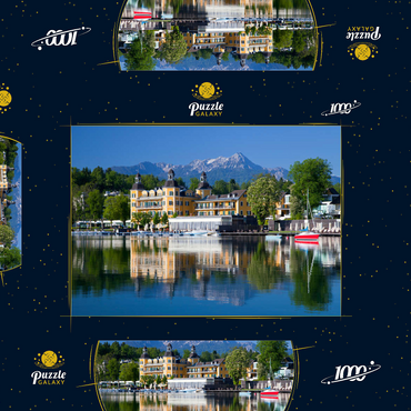 Schlosshotel am See gegen Mittagskogel (2143m), Velden, Wörther See, Kärnten, Österreich 1000 Puzzle Schachtel 3D Modell