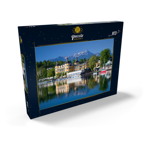 Schlosshotel am See gegen Mittagskogel (2143m), Velden, Wörther See, Kärnten, Österreich 100 Puzzle Schachtel Ansicht2