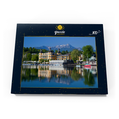 Schlosshotel am See gegen Mittagskogel (2143m), Velden, Wörther See, Kärnten, Österreich 100 Puzzle Schachtel Ansicht3